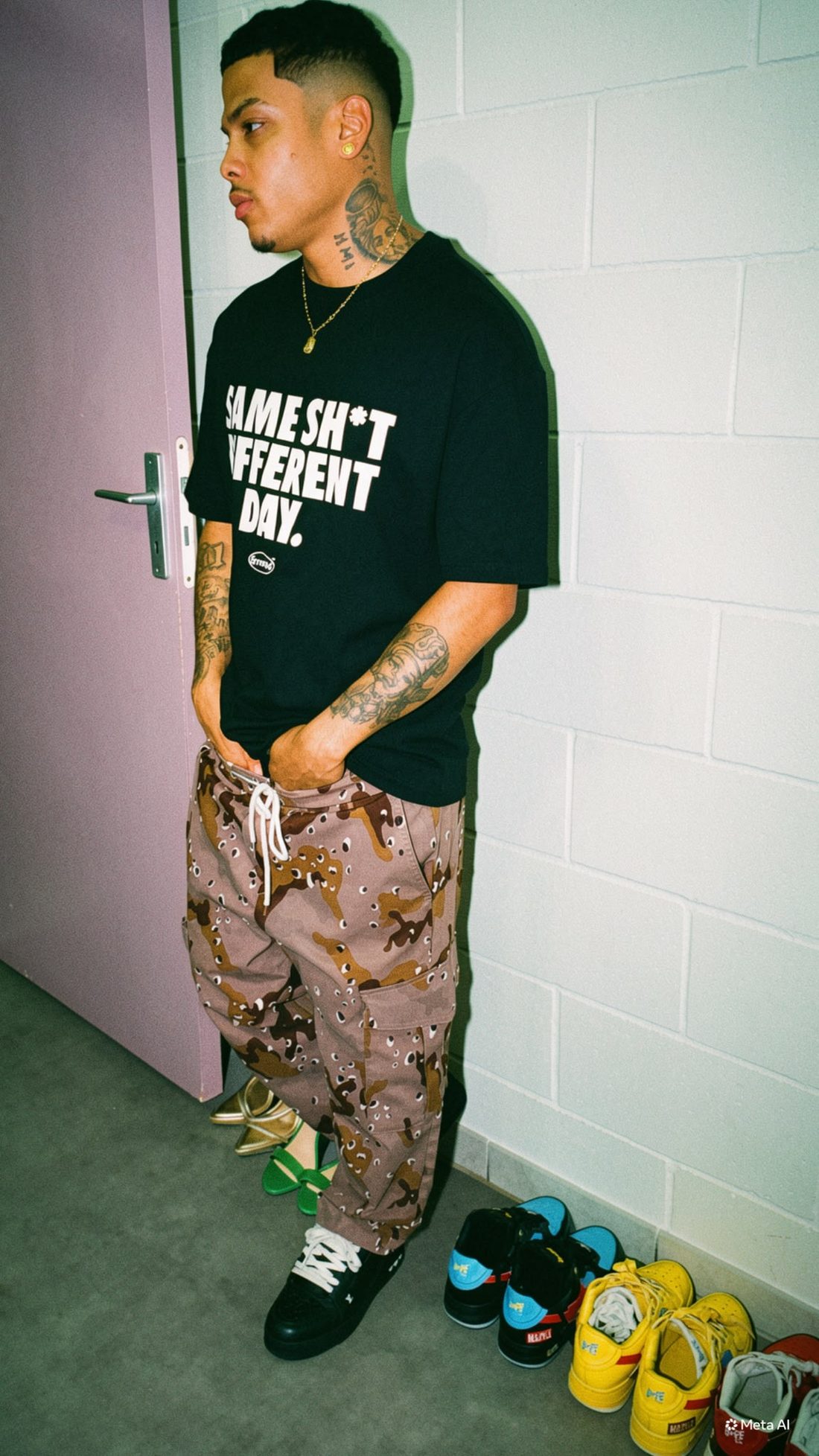 Fit check, t-shirt noir graphique et cargo camouflage